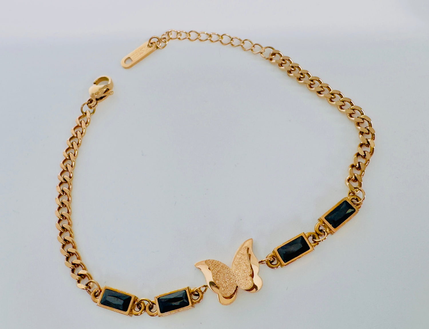 Gold Butterfly Charm Bracelet with Black Stones - Charm Loops